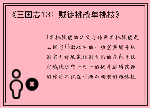 《三国志13：贼徒挑战单挑技》
