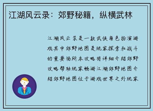 江湖风云录：郊野秘籍，纵横武林